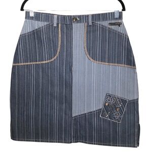 Patchwork Striped Denim Skirt with Embroidered Detail